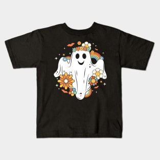 Funny Ghost Hippie Flowers Spooky Halloween Gift Kids T-Shirt